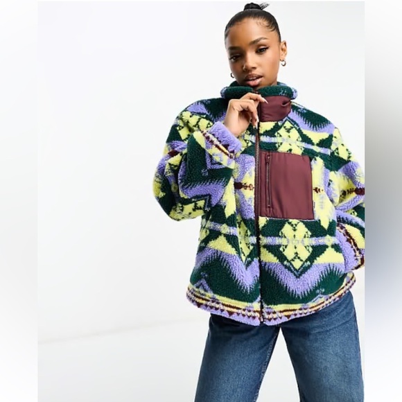 Wrangler Multi Colored Tribal Boho Southern Western Sherpa Fleece Zip Jacket NWT - Picture 3 of 16